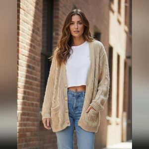 Vintage Geoffrey Alexander Chunky Cottage Mohair Blend Cardigan, Beige Women's L